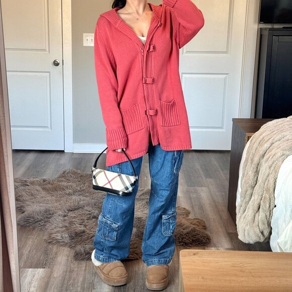 Y2K Coral Hooded Cardigan Jacket Full Zip Cotton Knit Retro Coastal Grandmacore - Picture 2 of 10